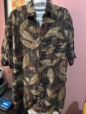 Axcess Brown and Tan Leaf Print Casual Button-Down Shirt Size XL